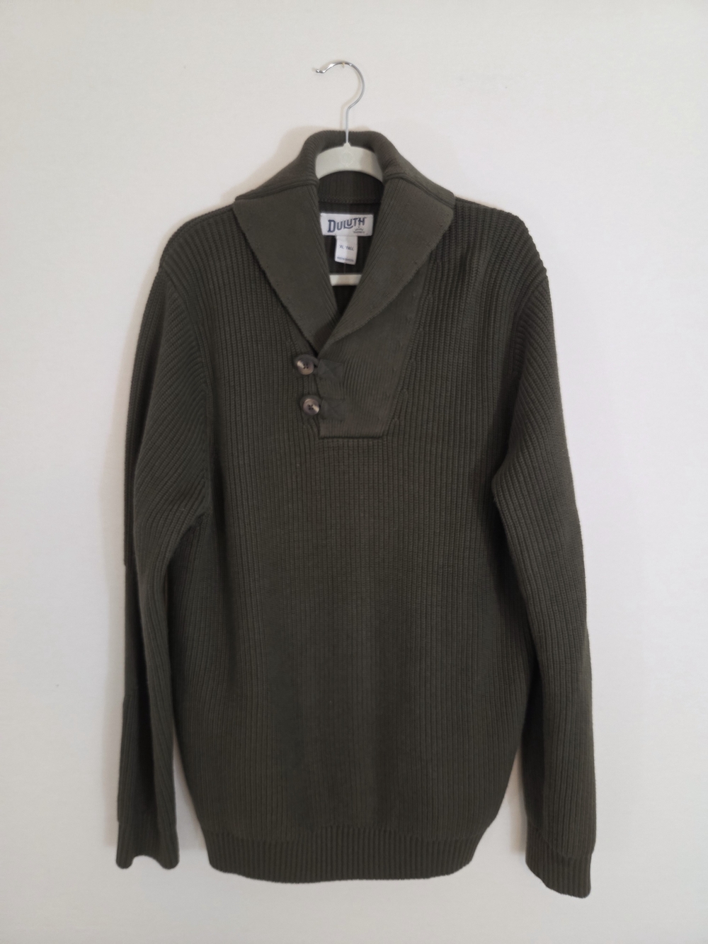 Duluth Trading Co Men's Olive Shawl Collar Ribbed Sweater